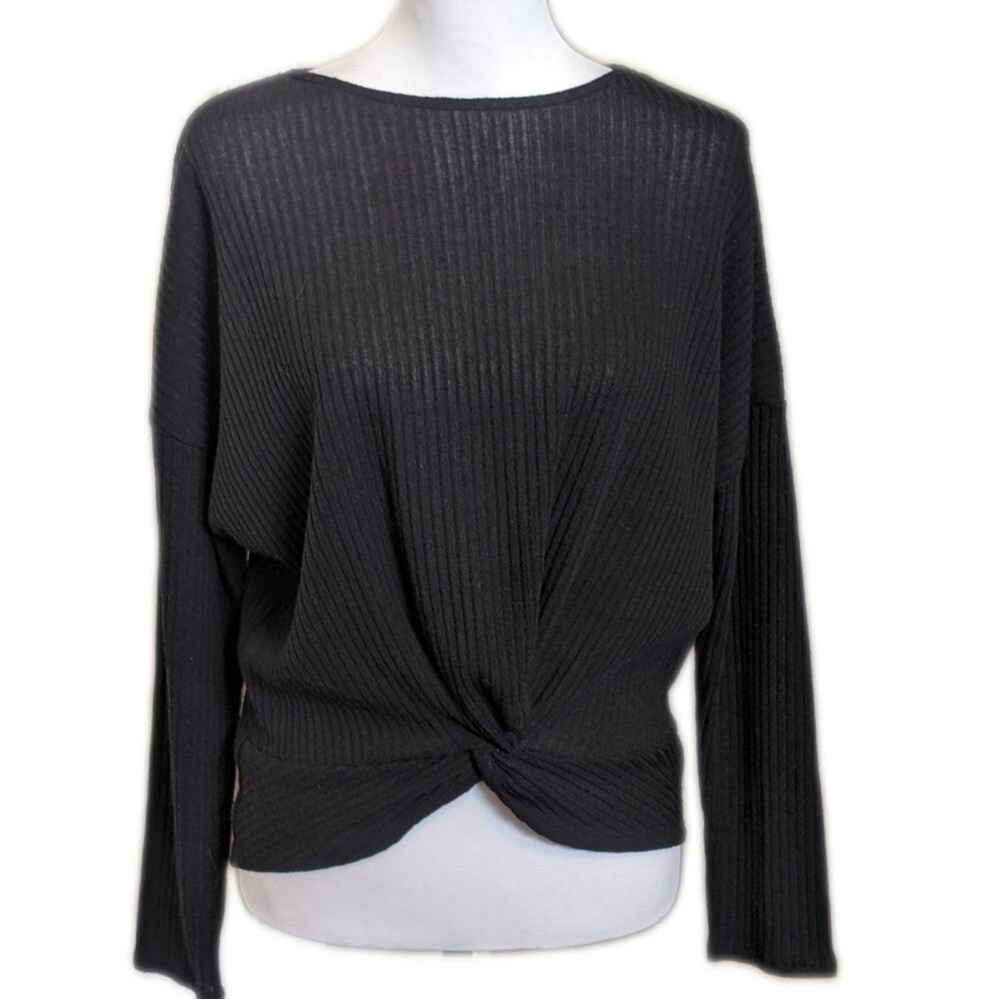 Hyfve ribbed lightweight sweater with twist knot front hem, black, L